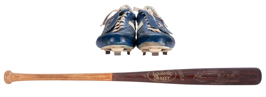 Lot of (2) 1990s Brett Butler Game Used and Signed Los Angeles Dodgers Items Including 1991-1996 Louisville Slugger T141 Model Bat and Cleats (PSA/DNA GU 8.5, JT Sports & Beckett)